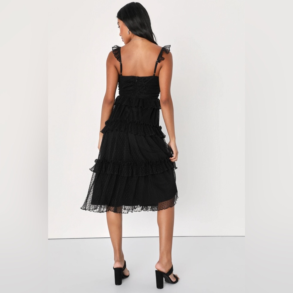 Lulus Black Mesh Swiss Dot Tiered Midi Dress NWT - Picture 4 of 4